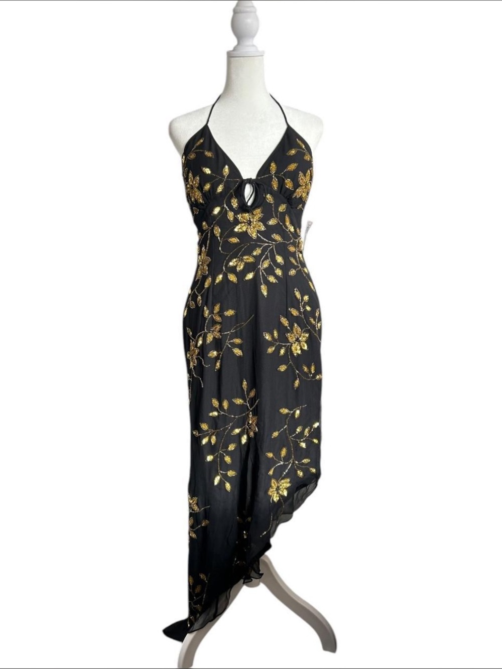 VENUS Black Halter Asymmetrical Maxi Dress with Gold Floral Accents